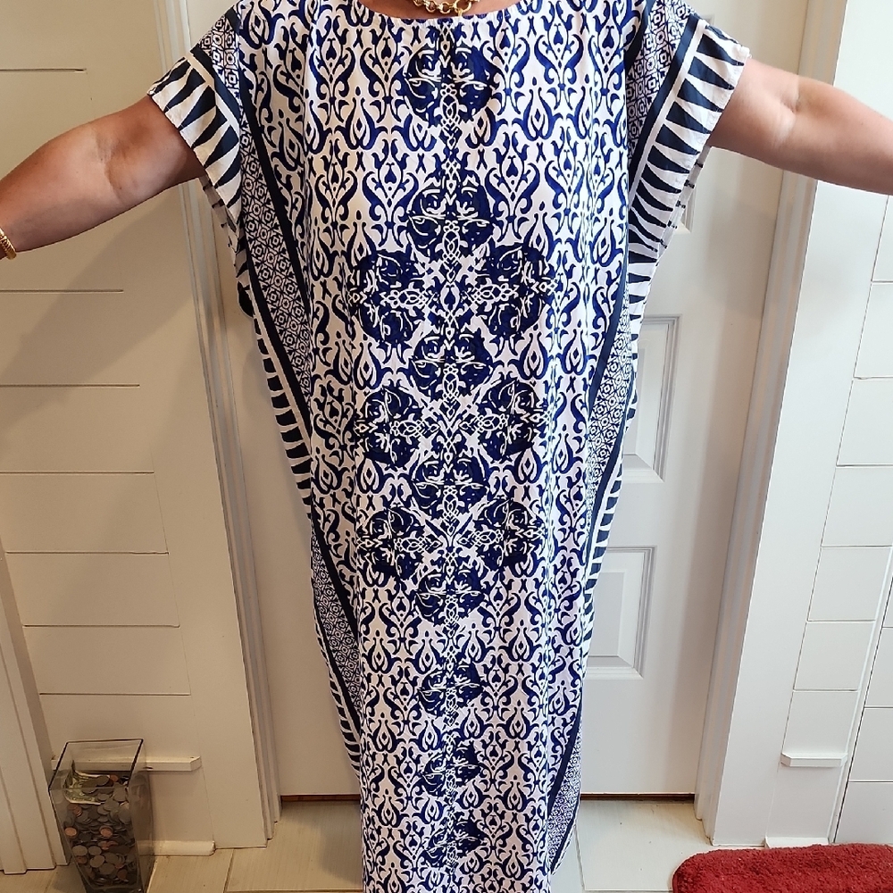 Blue and White Patterned Kaftan Dress